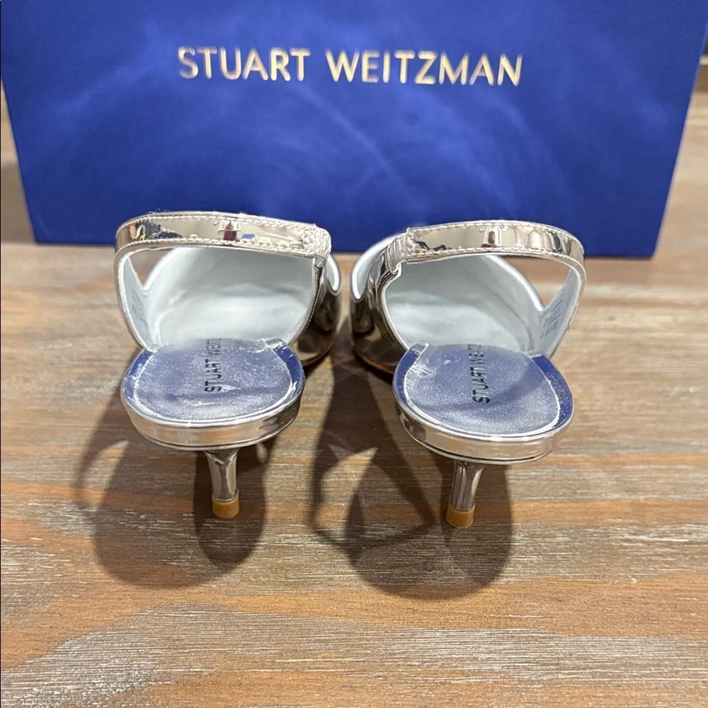 Stuart Weitzman Eva 50 Slingback Pumps 5.5 NIB Silver Metallic Luxury Heels $475